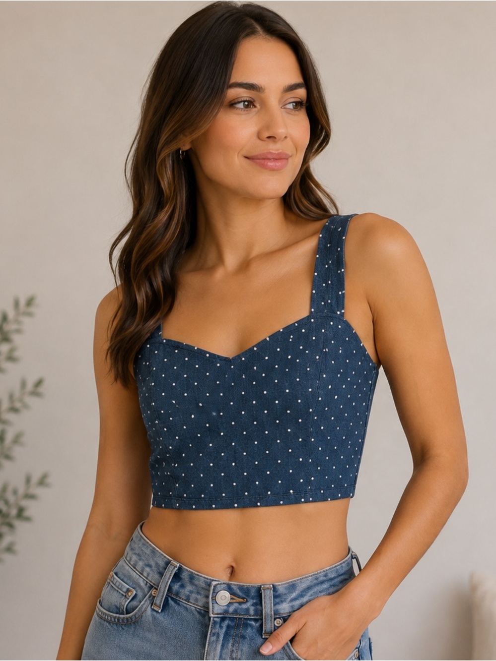 Soprano x Nordstrom Crop Top Sz M - Blue/White Polka Dot Print